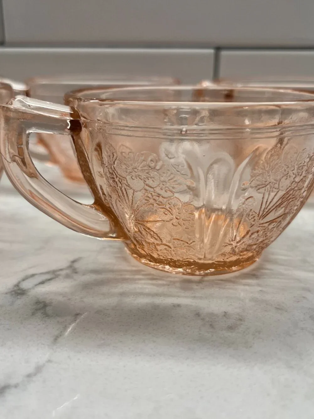 (6) Vintage Pink Depression Jeannette Glass Cherry Blossom Teacups
